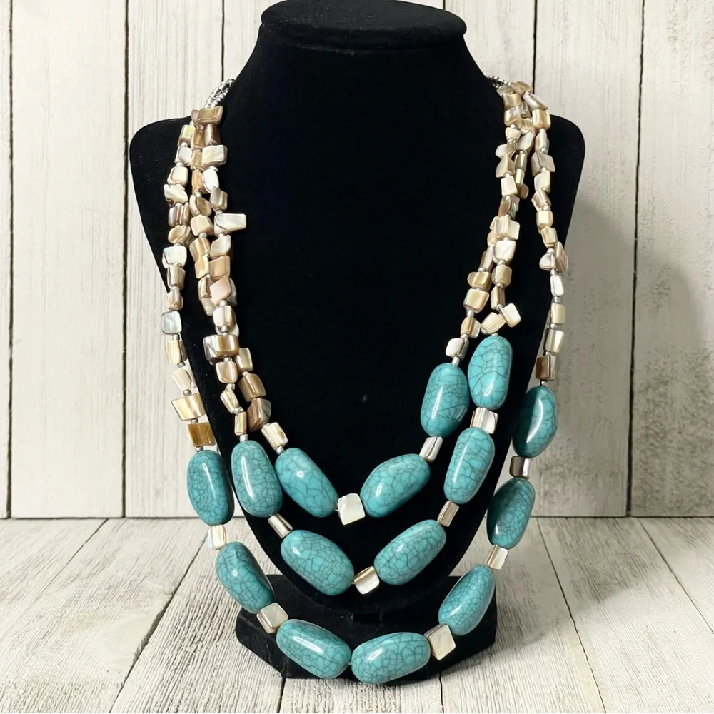 NEW YORK & CO Triple Strand Beaded Statement Piece Necklace - Picture 1 of 5